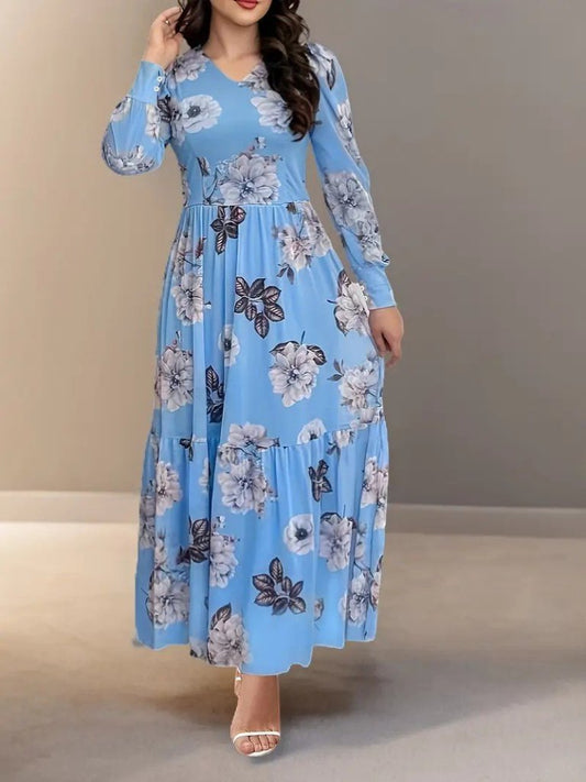 Kadın Uzun Kollu V Yakalı çiçek Desenli Maxi Süprem Elbise