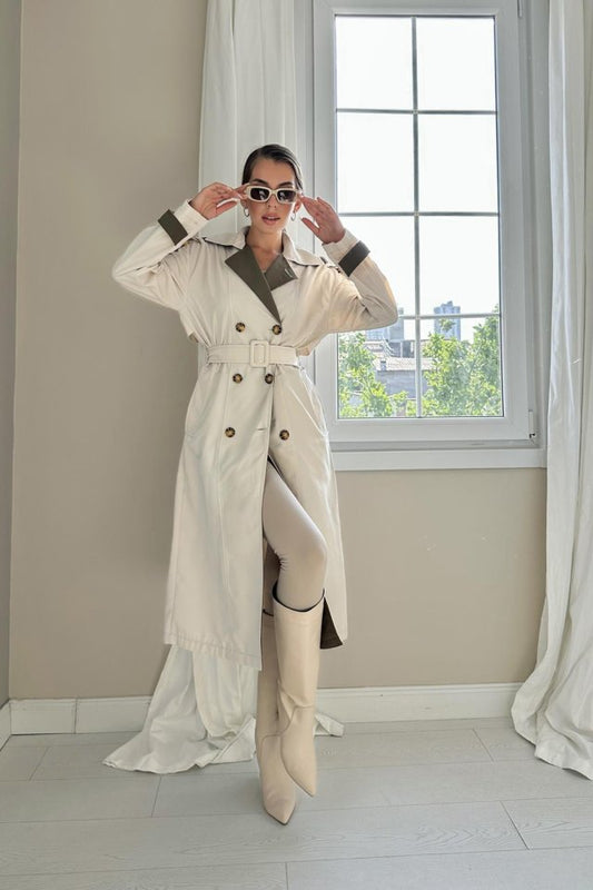 Bej Haki Arkası Çizgili Ve Kemerli Trençkot