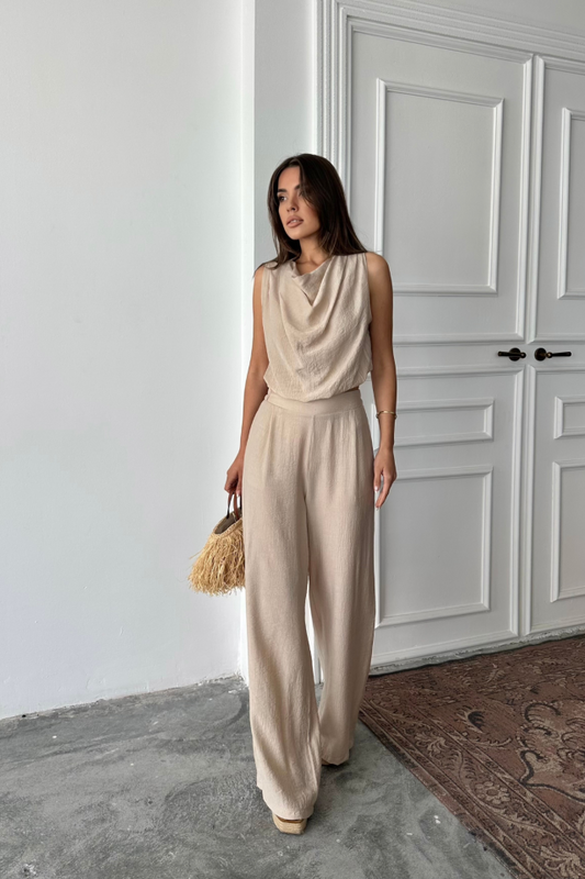 DEGAJE YAKA KOLSUZ BLUZ - PANTOLON TAKIM - Bej