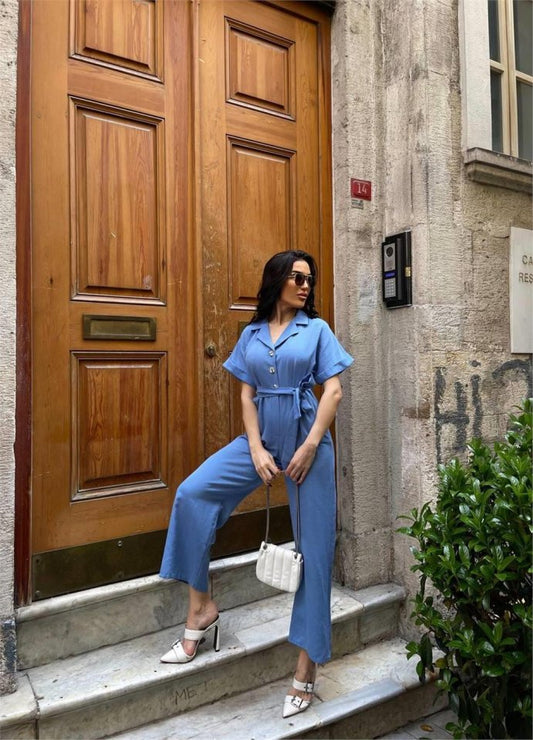 KETEN TULUM BEL BAĞLAMA DETAYLI - Mavi