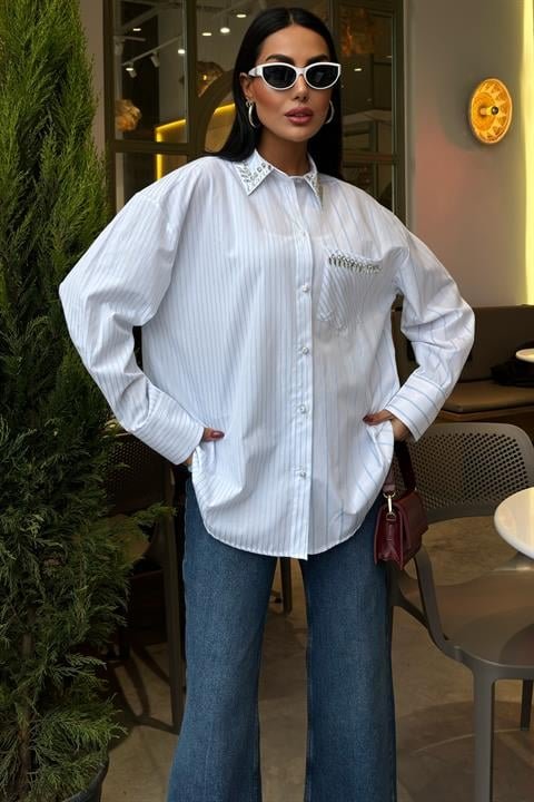 Yaka Ve Cebi Taşlı Çizgili Over Gömlek 3406