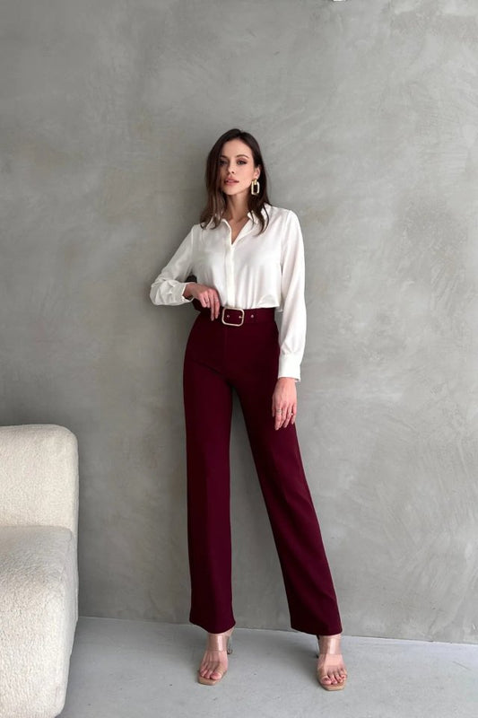 Kadın Yüksek Bel Krep Kumaş Full Likralı Ispanyol Paça Kemer Dahil Pantolon