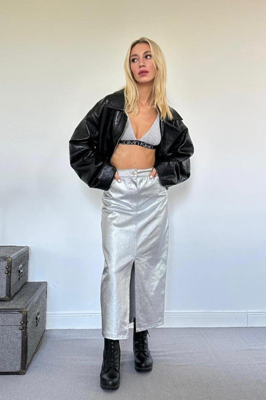 Gümüş Varaklı Gabardin Yırtmaçlı Etek