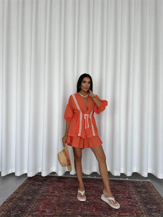 KETEN BEL BÜZGÜLÜ BLUZ-PANTOLON TAKIM - Orange