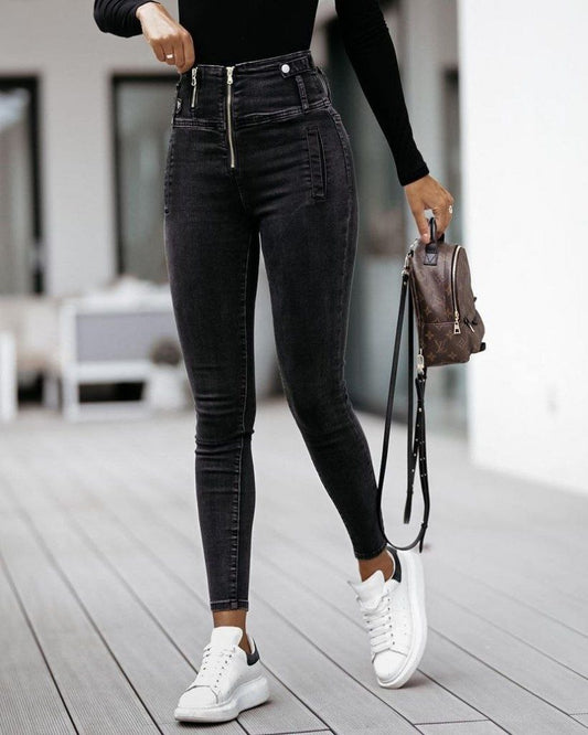 Kadın Fermuar Detay Yüksek Kemerli Kot Pantolon