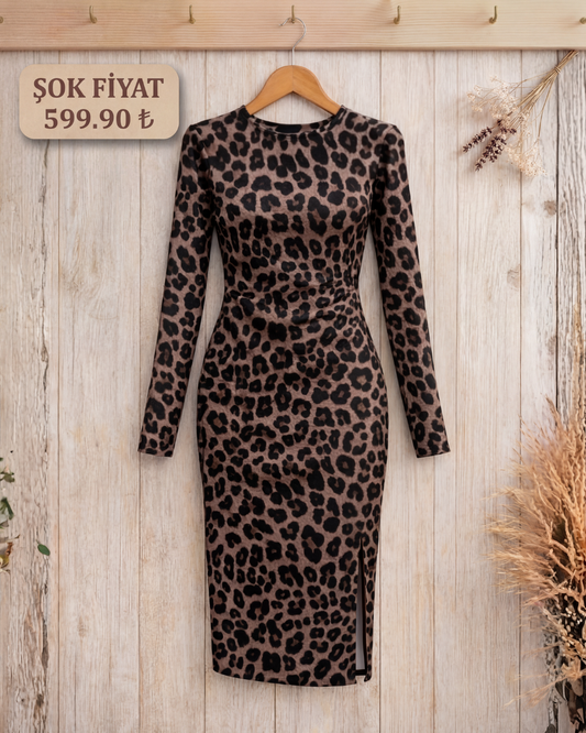 Kadın uzun kollu bisiklet yaka leopar desenli modal midi elbise