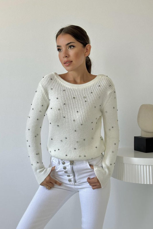 Ekru Boncuklu Triko Kazak