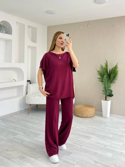 Kadın Kısa Kollu Kayık Yakalı Dikiş Izi Detaylı Viskon Iki Iplik Bluz Ve Pantolon Ikili Takım