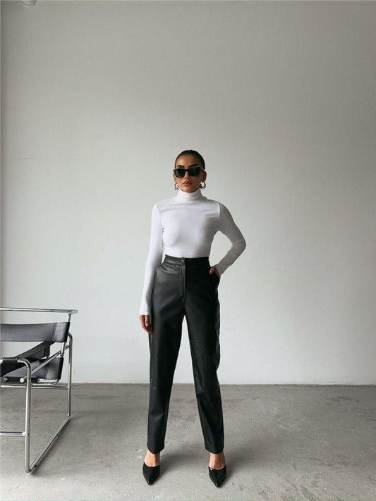 DERİ PANTOLON DİZ PARÇALI - Siyah