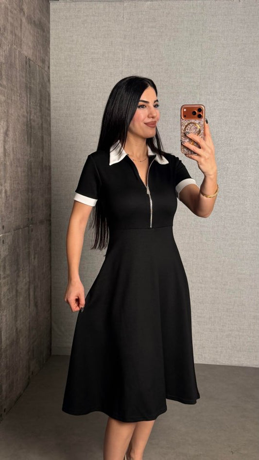 Kadın Polo Yaka Fermuar Detaylı Modal Midi Elbise