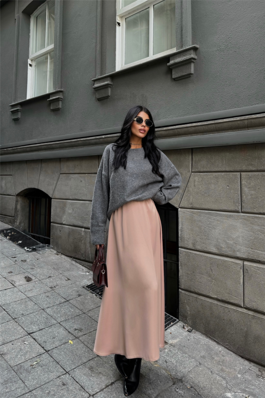 SATEN ŞANEL BOY ETEK - Bej