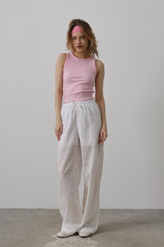 Beli Bağlamalı Brode Pantolon - Beyaz