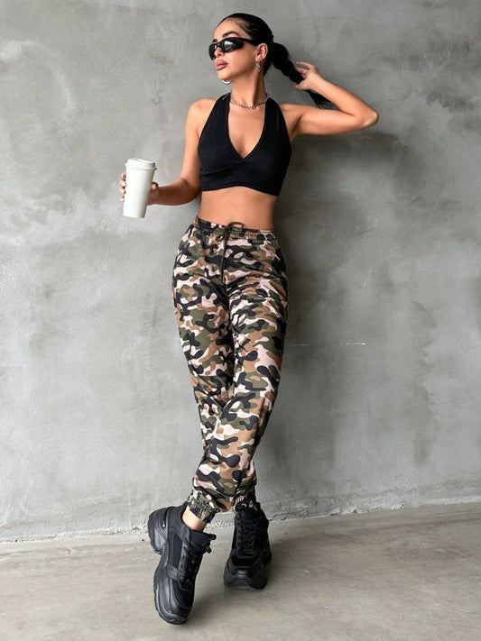 Kadın Yüksek Bel Kamuflaj Baskılı Bileği Lastik Detay İki İplik Pantolon