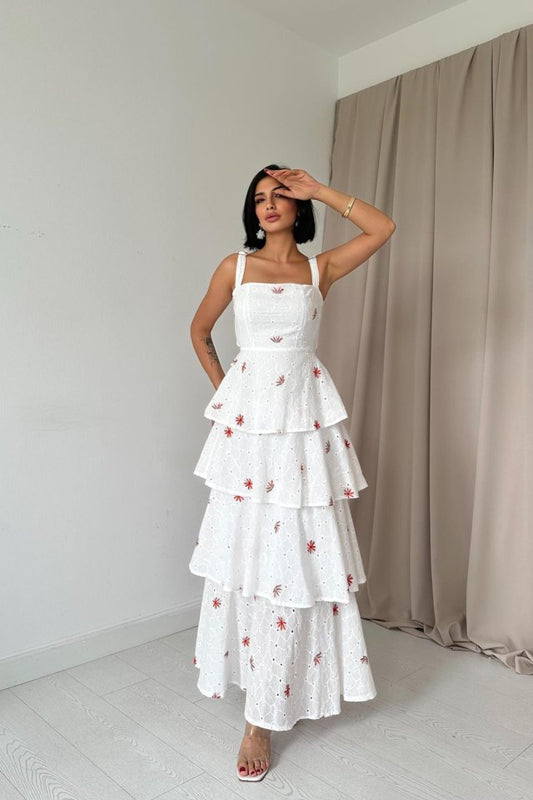 Kırmızı Kat Kat Arkası Bağlamalı Elbise