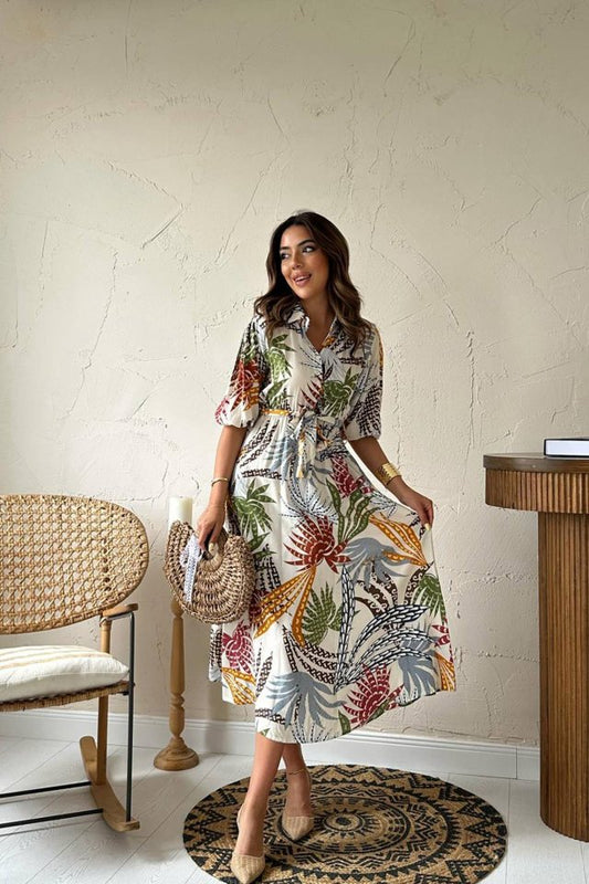 Ekru Çiçek Desenli Kemerli Elbise