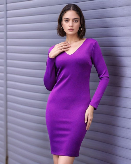 Kadın Uzun Kollu V Yaka Sırt Dekolteli Scuba Dalgıç Kumaş Mini Elbise