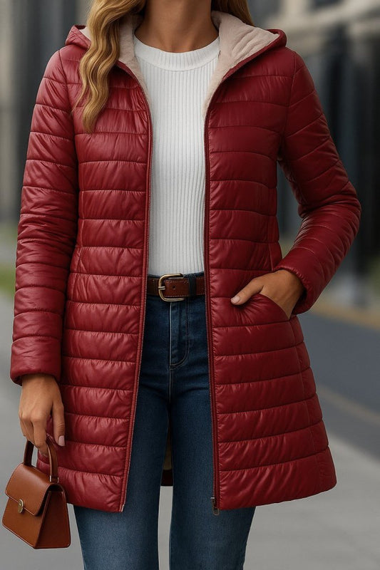 Kadın Uzun Kollu Kapşonlu Cep Detaylı Fermuarlı Orta Boy Mont