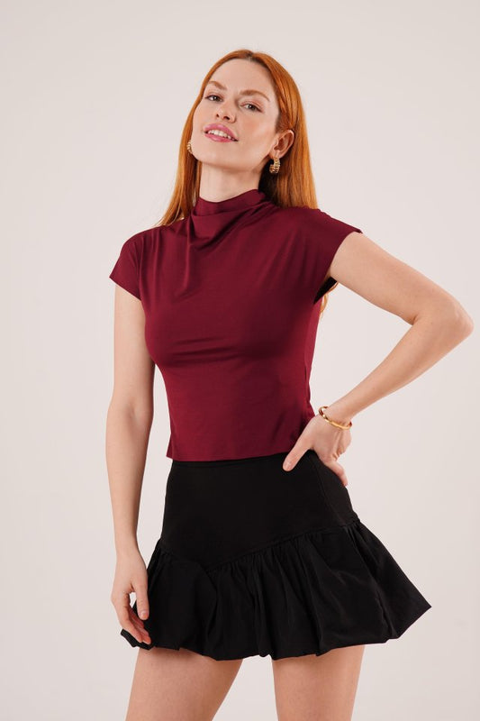 Boğazlı Parlak Kumaş Bordo Crop