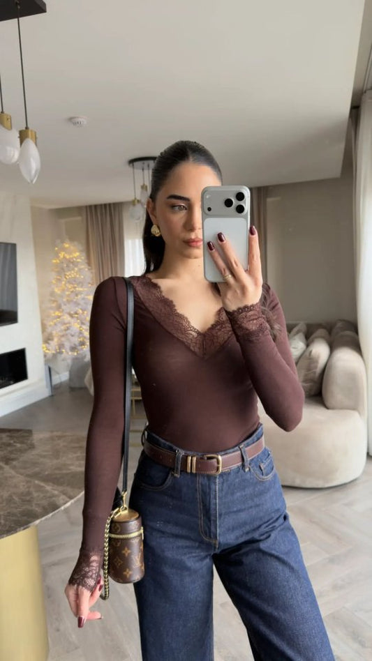 Kadın Uzun Kollu V Yaka Dantel Güpür Detay Bluz