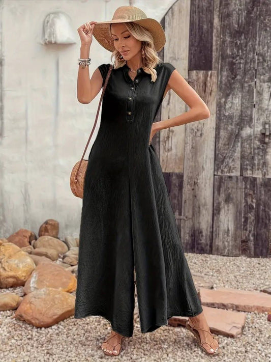 Kadın Kısa Kollu önden Düğmeli Paçaya Doğru Geniş Cepli Uzun Bürümcük Tulum