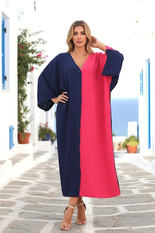 Kadın Fakir Kol Arkası Etnik Desen Baskılı önü Full Düğme Detay çok Renkli Elbise