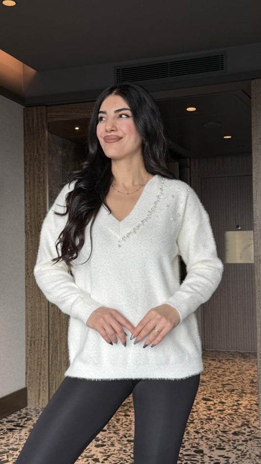 Kadın V Yaka Uzun Kollu Inci Detay Triko Bluz