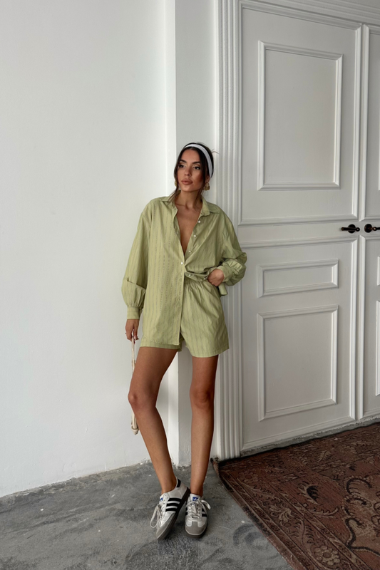 POPLİN ÇİZGİLİ GÖMLEK - ŞORT TAKIM - Yeşil