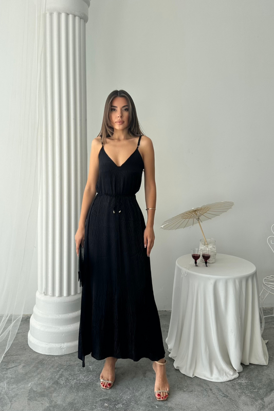 JAKAR SATEN DEGAJE ASKILI ELBİSE İP KEMERLİ - Siyah