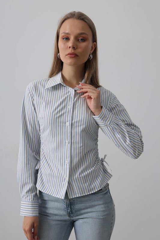 Yanları Büzgülü Çizgili Gömlek - Mavi-Siyah