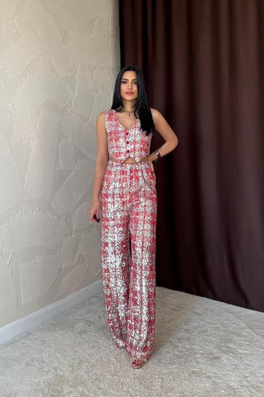 Kırmızı Pullu Yelek Ve Pantolon Takım