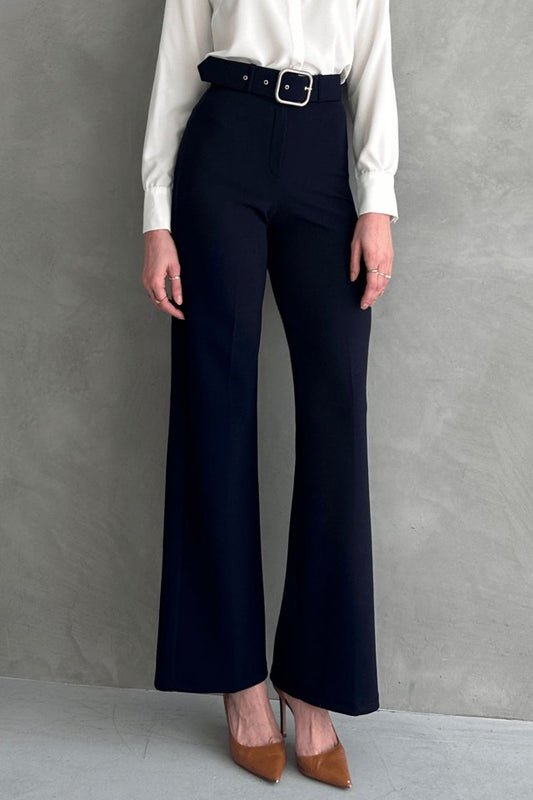 Kadın Yüksek Bel Krep Kumaş Full Likralı Ispanyol Paça Kemer Dahil Pantolon