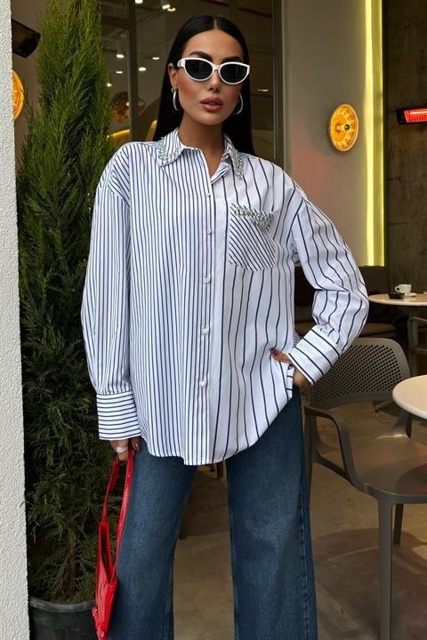 Yaka Ve Cebi Taşlı Çizgili Over Gömlek 3406