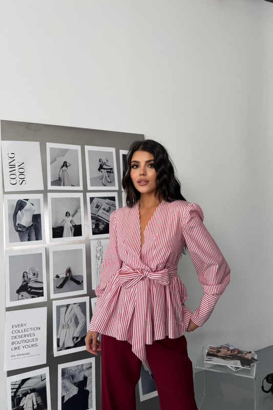 ÇİZGİLİ BAĞLAMA DETAYLI KRUVAZE POPLİN GÖMLEK - Bordo