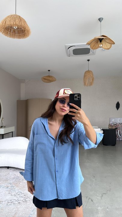 Kadın Flamlı Keten Tek Cep Oversızed Gömlek