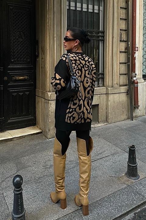 Leopar Desenli Yırtık Detaylı Kazak 1344