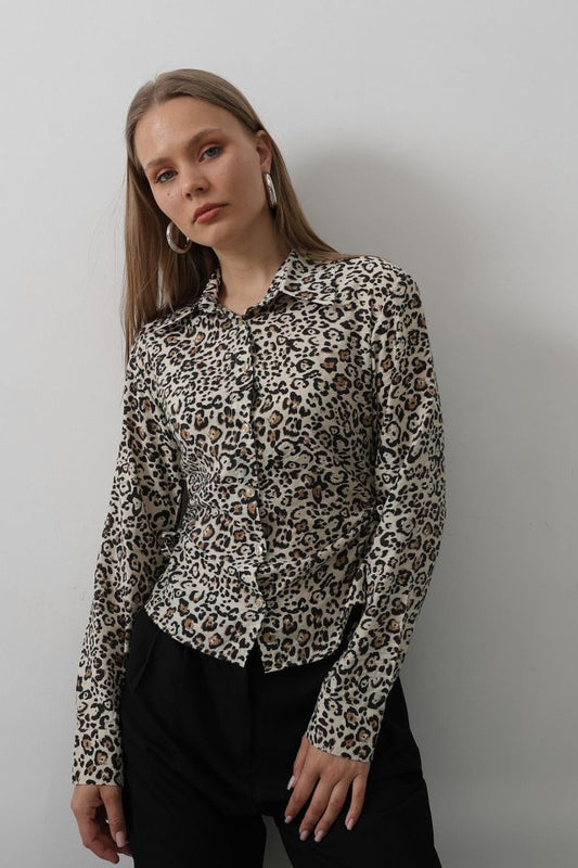 Yanları Büzgülü Leopar Gömlek - Leopar