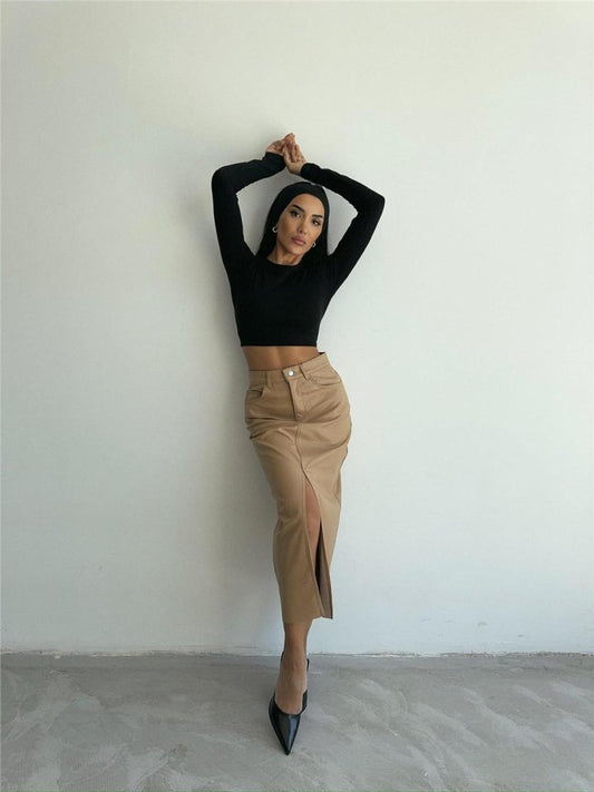 DERİ ETEK YIRTMAÇLI - Bej