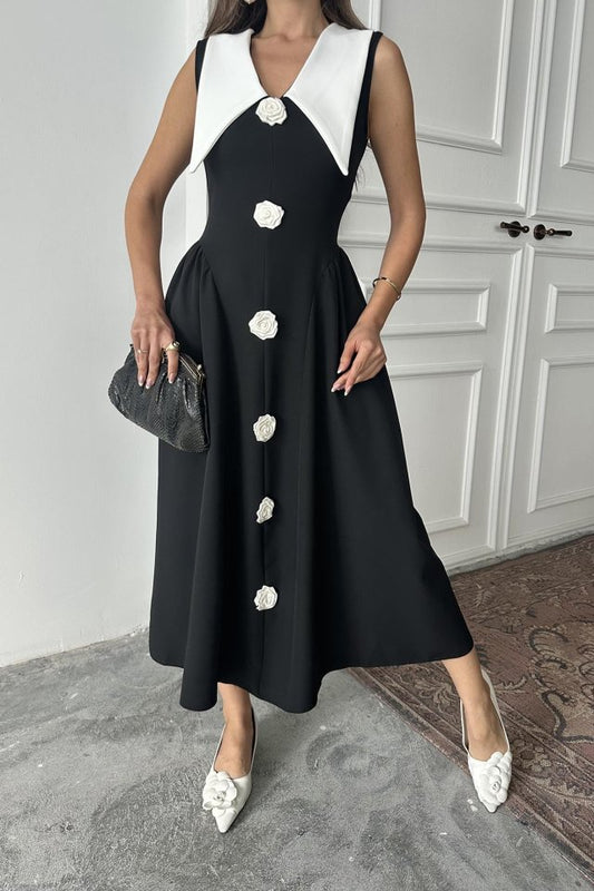 Mavi Gül Detaylı Atlas Elbise