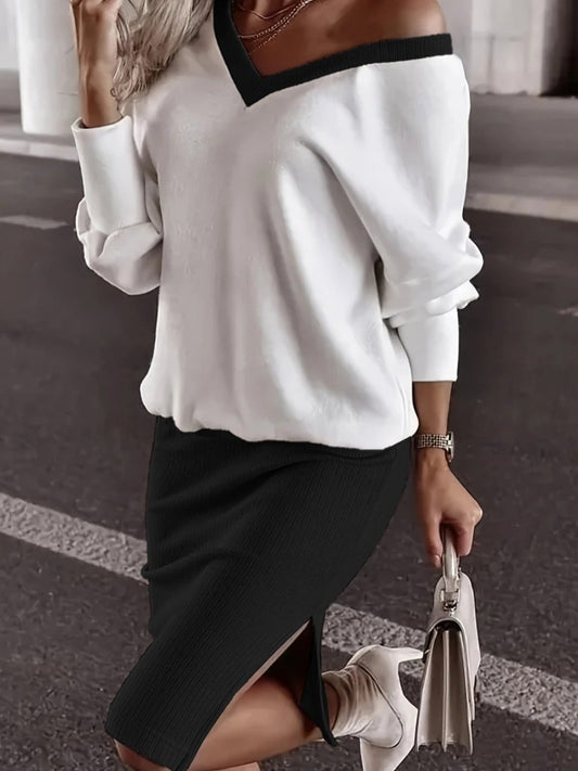Kadın Uzun Kollu V Yakalı Viskon Iki Iplik Bluz Ve Mini Etek Ikili Takım