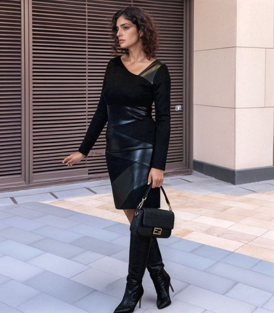 Kadın Uzun Kollu Asimetrik Yaka Süet Ve Deri Mini Boy Elbise