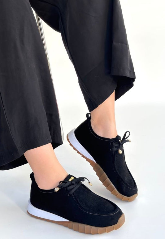 Sier Siyah Süet Bağcıklı Spor Ayakkabı