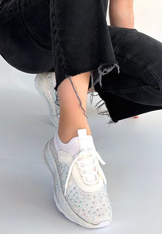 Rimay Beyaz Cilt Boncuk İşlemeli Spor Ayakkabı