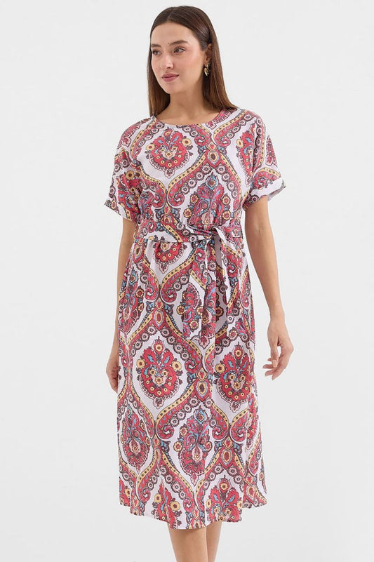 2389 Kemerli Keten Elbise - Nar