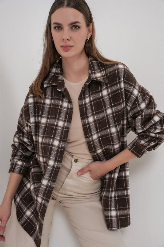 Ekose Desen Oversize Oduncu Gömlek 3854 C. Kahverengi