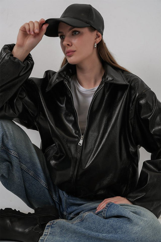 Oversize Suni Deri Ceket 1049 - Siyah