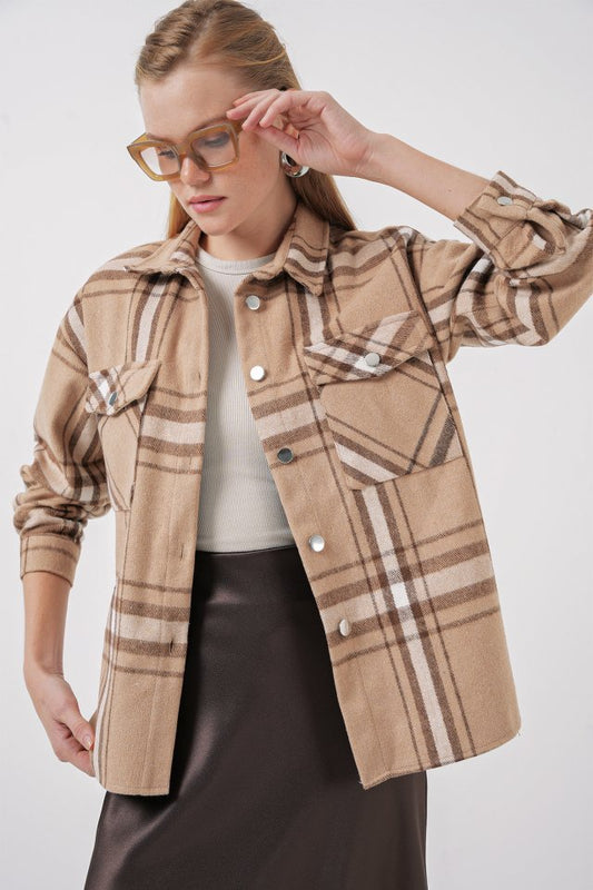Ekose Desen Oversize Oduncu Gömlek 3854 - A.Bej
