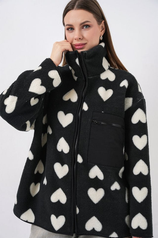 55446 Fermuarlı Oversize Peluş Ceket Mont - K. Siyah