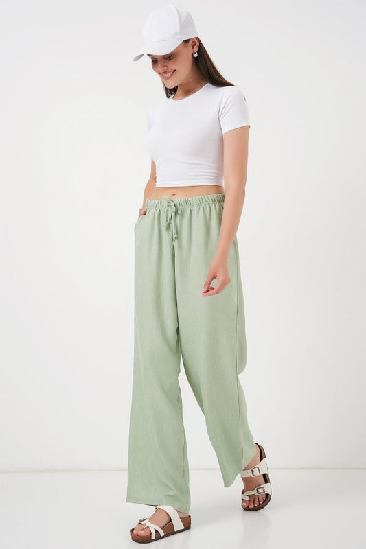 Geniş Paça Keten Pantolon 6735 - E.Yeşil