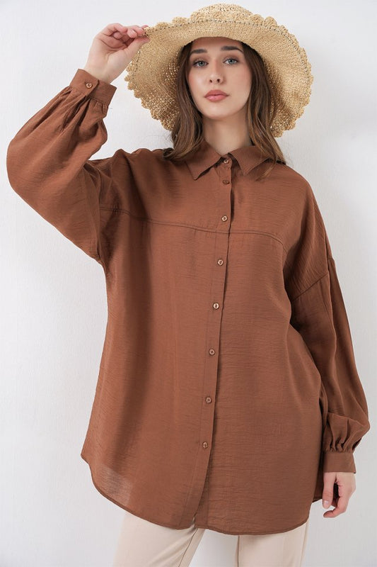 Uzun Oversize Gömlek 5965 - Sütlü Kahve