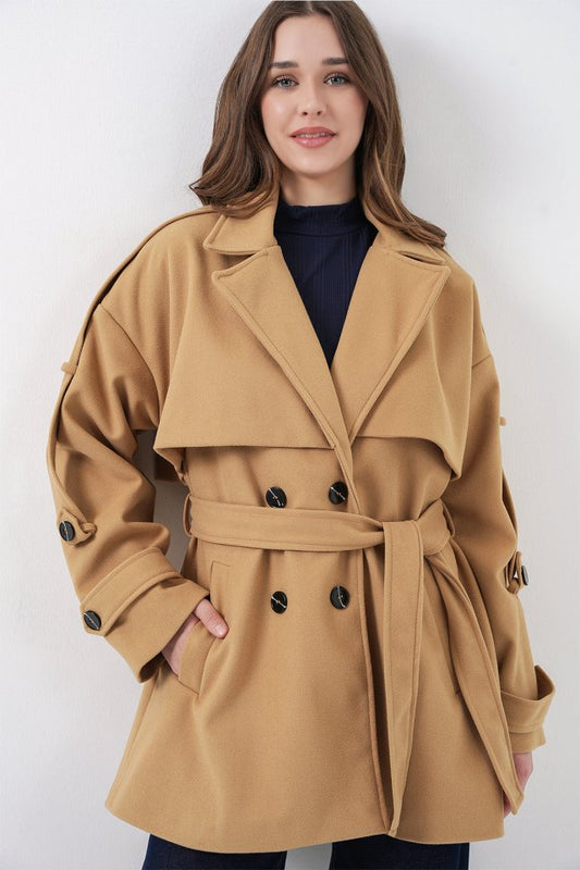 Kuşaklı Oversize Kaşe Kaban 9157 - Hardal